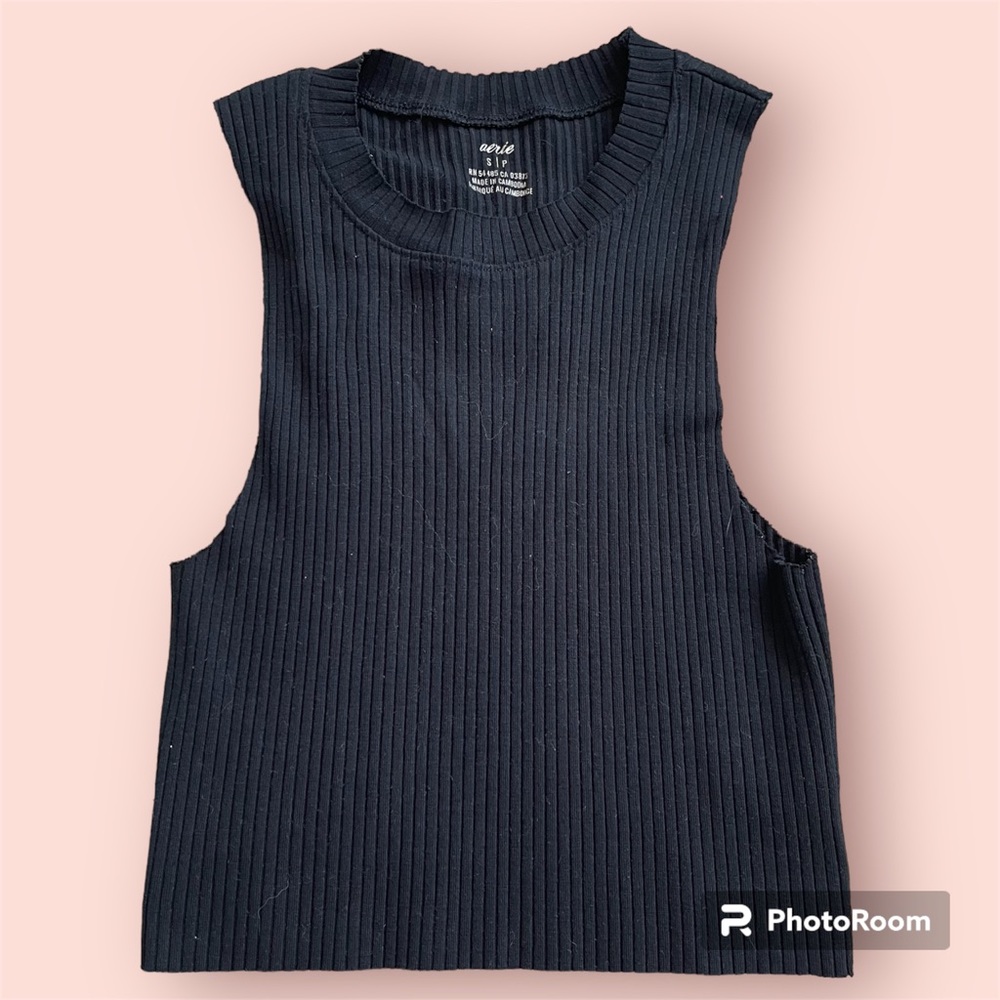 Aerie Black Cropped Ribbed Tank